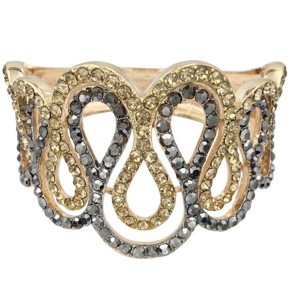 Gold Topaz & Hematite Grey Curl Line Chunky Statement Hinged Bangle Bracelet
